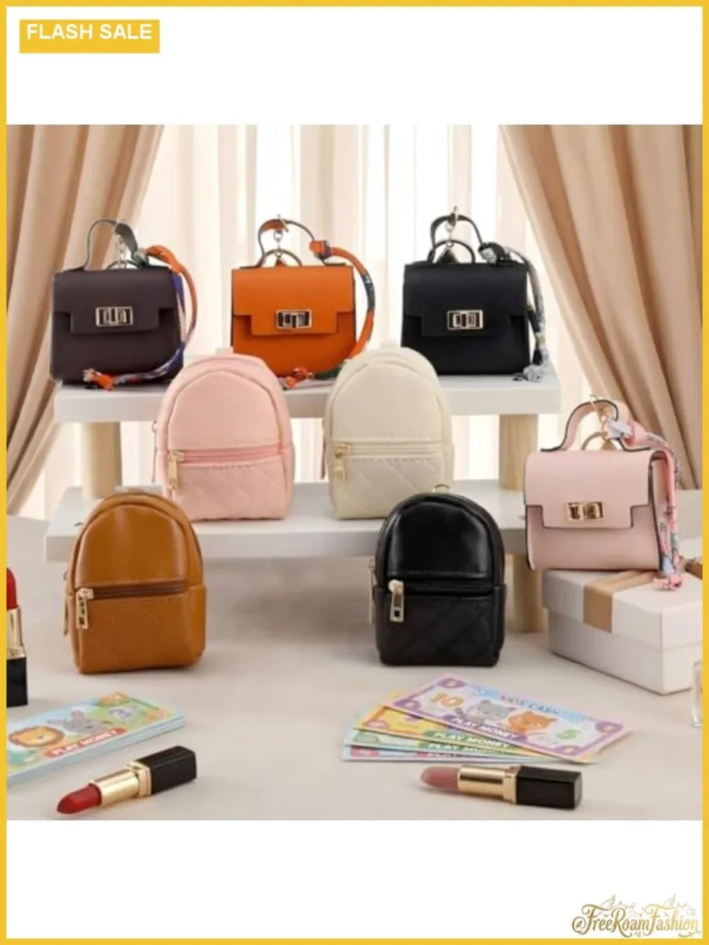 Set of 8 PU Leather Mini Backpack Keychains with Twist Lock Keychain Coin